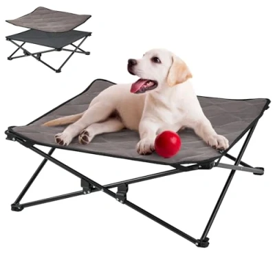 Abbildung von KingCamp Erhöhtes Hundebett Hundeliege Outdoor Haustierbett Haustierliege Atmungsaktivem Mesh &amp; Wildledermatte Rutschfesten Füßen für Reisen Garten Indoor, Schwarz 77 x 30 cm