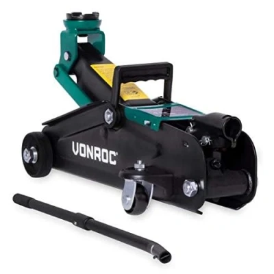 Abbildung von VONROC Wagenheber hydraulisch 2T Rangierwagenheber flach für Auto bis 2 Tonnen Ideal Reifenwechsel oder Bastler Höhe [bis 33cm] und inklusive Langer Hubgriff