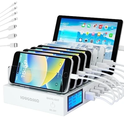 Abbildung von Ladestation mit Schalter, QC3.0 Schnellladegerät, 7 Ports USB Ladegerät Desktop für Handy, Kompatibel iPhone, ipad, Samsung, Kabel inklusive, Weiß