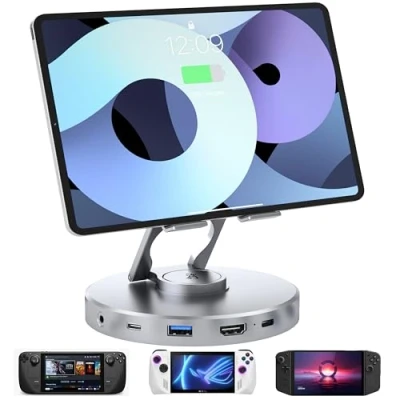 Abbildung von Dockingstation 10 in 1 Handkonsolen Dock mit 4K @ 60Hz HD,SD/TF 4.0, 100 W PD, 3,5 mm Audio Buchse,USB A,USB C,drehbarer, Faltbarer Typ C Hub, Tablet Ständer für iPad,Steam Deck,ROG Ally Gray