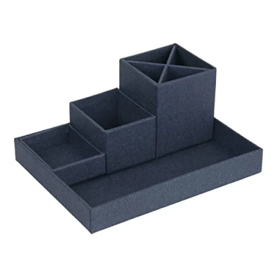 Abbildung von Bigso Box of Sweden LENA Schreibtisch Organizer für Stifte, Büroklammern, Haftnotizen usw. Sortierkasten mit 4 Fächern Ordnungssystem aus Faserplatte und Papier in Leinenoptik blau