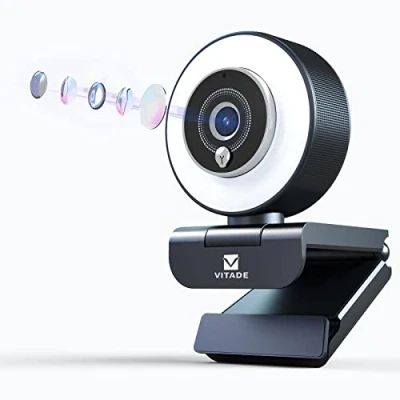 Abbildung von VITADE 960A Pro Webcam mit Licht, Streaming cam Mikrofon, 1080P Full HD, 3 Stufen Ringlicht verstellbar, AutoFokus, H.264 Belichtungskorrektur, USB Kamera für Gaming, Zoom, PC/Mac,