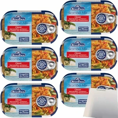 Abbildung von Rügenfisch Scomber Mix, Makrelenfilets zerkleinert mit Gemüse und Tomatenmark 6er Pack (6x120g Dose) + usy Block