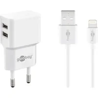Abbildung von Goobay 44979 USB Netzteil + Ladekabel Set / 2 Port Adapter für Steckdose 2,4 A (12W) mit Schutzelektronik/inkl. 1m Lightning Kabel/Weiß