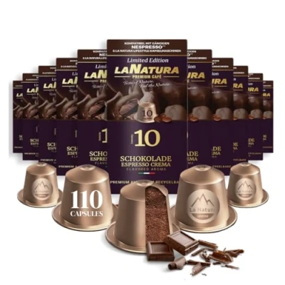 Abbildung von Kaffeekapseln Schokolade Espresso Crema Premium Aromatisierter 110 Aluminium 100% Recycelbar La Natura Lifestyle