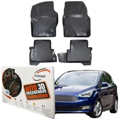 Abbildung von Trimak Passgenau 3D Fussmatten Auto Kompatibel mit Ford C Max 2 Gen 2010 2019 Zubehör 1. und 2. Reihe Gummimatten Autos TPE Allwetter Geruchlos rutschfest Vorne Hinten Schwartz