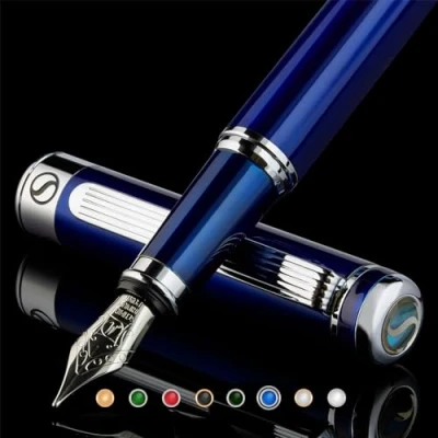 Abbildung von Scriveiner Blauer Lackfüllfederhalter Chrom Terminen, Schmidt Feder (mittel), Bestes Geschenk für Herren und Damen, Manager, Führungskräfte (Mitternachtsblau)