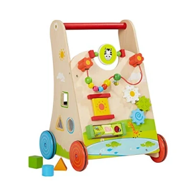 Abbildung von Solini Lauflernwagen aus Holz Baby Lauflernhilfe mit Motorikschleife &amp; Drehspiel Holzspielzeug für Kinder ab 18 Monate natur/bunt