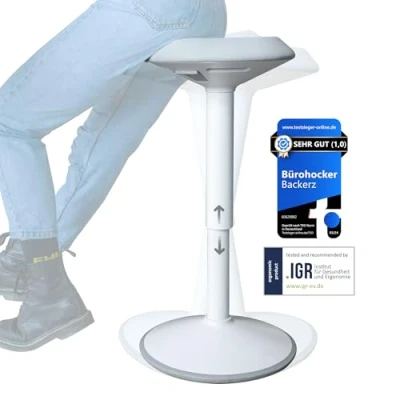 Abbildung von Backerz Ergonomischer Hocker Bürohocker mit 55 80 cm Höhenverstellung Sitz und Stehhocker wackelhocker Arbeitshocker für Zuhause im Büro Bezogen wasserabweisendem Stoff, Weiß