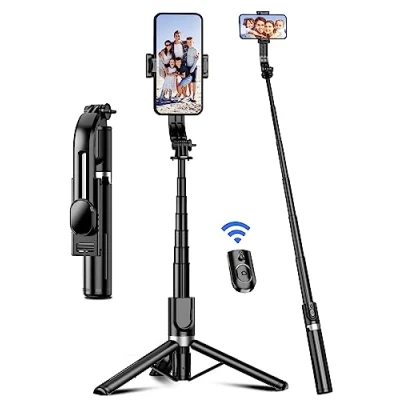 Abbildung von Selfie Stick mit Verbessertem Stativ [2023 Ganz Neues Entwurf] Stange aus Aluminium Handy Abnehmbarer Fernbedienung um 360 Drehbar für iPhone Samsung, Action Kamera GoPro (Schwarz)