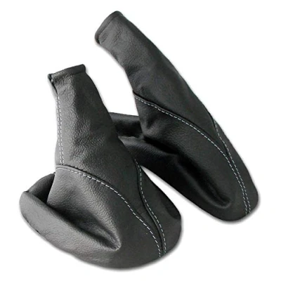 Abbildung von L &amp; P Car Design L&amp;P A099 9 Set Schaltsack Schaltmanschette + Handbremsmanschette 100% Echtleder Leder Schwarz Naht Weiß Ersatzteil für Opel Astra G