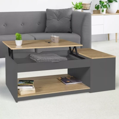 Abbildung von IDMarket Couchtisch, aufklappbar, rechteckig, mit Truhe, Holz, Grau und Buchenoptik