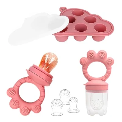 Abbildung von ORAGKE Fruchtsauger Baby, Silikon Obstschnuller mit 3 Sauger (G/M/K) BPA frei, Beißring für Obst Gemüse Brei Beikost, Babybrei Einfrieren Behälter Babynahrung Muttermilch, Zahnungshilfe (Rosa)