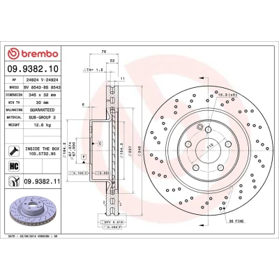 Abbildung von BREMBO COATED DISC LINE 09.9382.11 Bremsscheibe 345 32 5 gelocht/innenbel. beschichtet hochgekohlt mit Schrauben MERCEDES BENZ: S Klasse Limousine