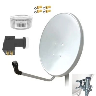 Abbildung von 60cm HD Sat Anlage Quad LNB + 15m Koaxialkabel 135dB 4 F Stecker Digital Teilnehmer Antenne Weiss UHD 4K