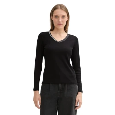 Abbildung von TOM Tailor MIT Vausschnitt Langarmshirt, Damen, Größe: XXL, Deep black