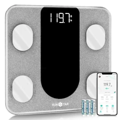 Abbildung von Körpergewichtswaage, Runstar Digitale Badezimmerwaage, intelligente LED Anzeige, 13 Körperanalysegeräte, synchronisierte Gewichtswaage, BMI Babymodus mit Starfit App, 181kg
