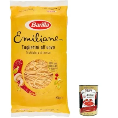 Abbildung von 12x Barilla Pasta all&#039; Uovo Le Emiliane Taglierini, Eiernudeln, mit Ei 250g + Italian Gourmet polpa 400g