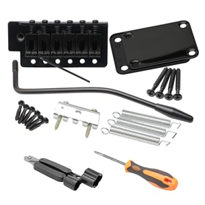 Abbildung von Unxuey E Gitarre Tremolo Bridge Bar Kit, 6 Saiten Brücke System Set mit Halsplatte Verstärkungsplatte für Fender Strat Ersatz, Schwarz