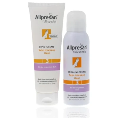 Abbildung von Allpresan Fuß spezial Nr. 3 SET aus Lipid Creme 125 ml und Schaum mit beruhigendem Duft zur täglichen Feuchtigkeitspflege sehr trockener Füße