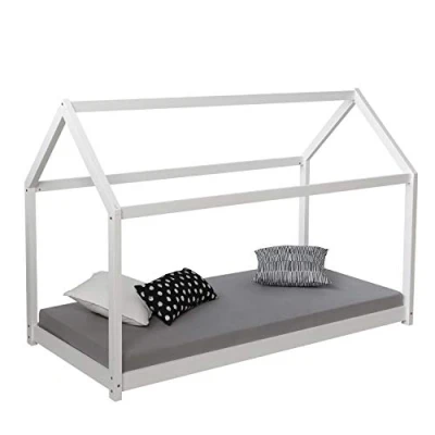 Abbildung von Homestyle4u 1849, Kinderbett Hausbett 90x200 cm Weiß Juniorbett Holzbett mit Lattenrost Holz Kiefer