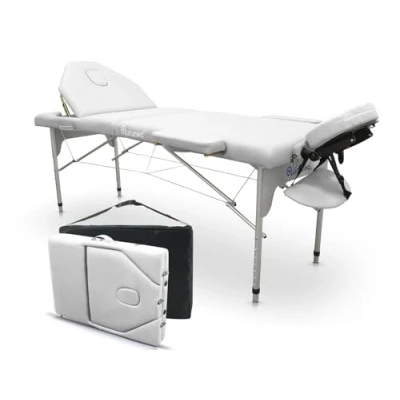 Abbildung von QUIRUMED Pro Klappmassageliege aus Aluminium, 186 x 66 cm, mit klappbarer Rückenlehne, weiße Farbe, Kunstleder, Gesichtsloch, Abnehmbarer Kopf, höhenverstellbar, 2 Abschnitte, bis 150 kg