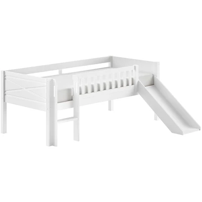 Abbildung von Vipack Spielbett &quot;Scott mit niedriger Einstiegshöhe inkl. Leiter, Rutsche und Rollnrost&quot;, in Kiefer massiv, weiß 90x200 cm, wahlweise ohne Rollboxen