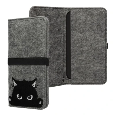 Abbildung von kwmobile Filz Tasche für Smartphones mit Gummiband Handy Filztasche Schutztasche Neugierige Katze Grau Schwarz 17,2 x 8 cm Innenmaße