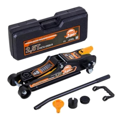 Abbildung von Wagenheber hydraulisch 2,5 Tonnen Flache Ausführung 80mm 360mm Low Profile inkl. Koffer + SUV Adapter 2X Gummiauflage Hydraulischer KFZ Rangierwagenheber 360 Rollen (Orange)