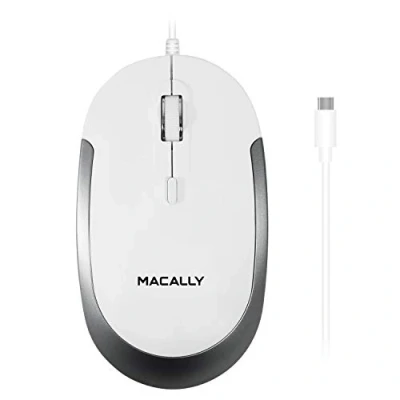 Abbildung von Macally Ucdynamouse W, USB C Silent Click Maus mit 3 Tasten und Scrollrad, optisch Kabel, weiß/Space Gray