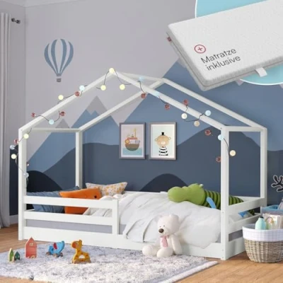 Abbildung von Bellabino Bodenbett 90x200 Abia, Kinderbett mit Matratze inkl. Lattenrost und Rausfallschutz für Jungen Mädchen weiß, Montessori Bett aus Kiefer Massivholz