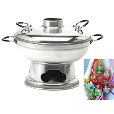Abbildung von yoaxia ® FEUERTOPF auch Mongolentopf Asien Fondue HOT POT Ø ca. 24cm mit Deckel + ein kleines Glückspüppchen Holzpüppchen