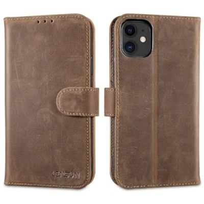 Abbildung von LENSUN Echtleder Hülle für iPhone 11, Handyhülle [Echtes Leder][Standfunktion][Kartenfächer] Handytasche Lederhülle Klappbar 11 6,1 Zoll Vintage Dunkelbraun