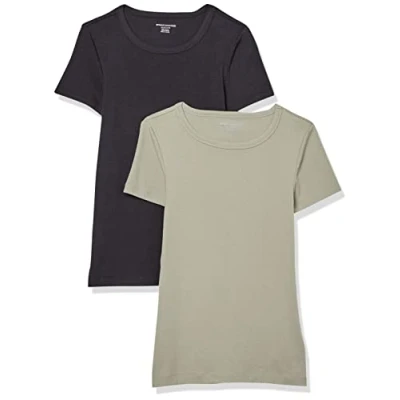 Abbildung von Amazon Essentials Damen Kurzärmeliges T Shirt mit Rundhalsausschnitt, Schmale Passform, 2er Pack, Schwarz/Salbeigrün, XS