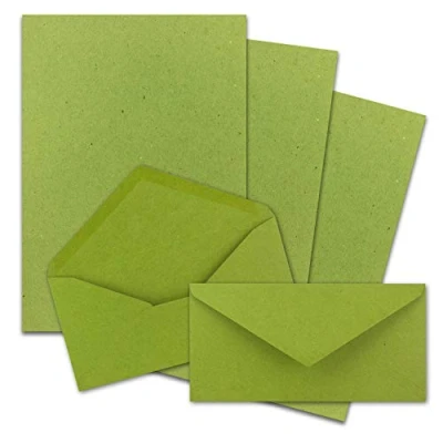 Abbildung von 50x Briefpapier Set DIN A4 mit Lang Briefumschlägen, Nassklebung Kraftpapier Hellgrün Recycling Schreibpapier Kuverts FarbenFroh by GUSTAV NEUSER