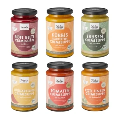Abbildung von NABIO Bio Gemüsesuppen im 6er Pack I Erbse, Tomate, Süßkartoffel, Rote Beete, Linse, Kürbis (6x 375 ml)