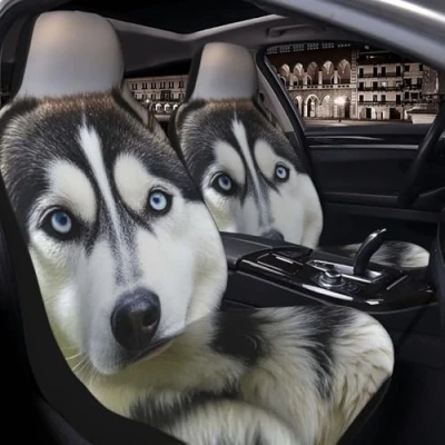 Abbildung von GlbnSHeric Autositzbezug 2 Stück Sitzbezüge für Auto Vordersitze Schonbezug Husky Hund Sitzmatte mit Gummiband Sitzschoner Autozubehör 2er Set