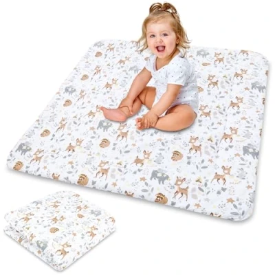 Abbildung von Krabbeldecke für baby Spieldecke 100x100 cm gepolstert krabbelteppich groß dicke faltbare Laufgittereinlage aus Baumwolle Hirsch Hellgrau
