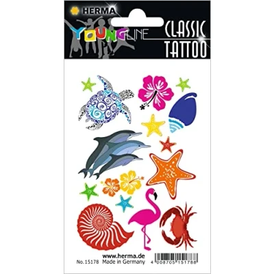 Abbildung von HERMA 15178 Temporäre Tattoos Meerestiere, 13 Stück, Klebetattoos zum Aufkleben, Fake Aufkleber mit Delfin Schildkröte Flamingo, Kindertattoos Sticker für Fasching Karneval Kinder Erwachsene