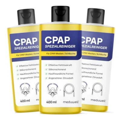 Abbildung von meduwell CPAP Spezialreiniger 400ml für Masken Schläuche und Zubehör, effektiv fettlösend, silikonschonend hautfreundlich, angenehmer Duft (1)
