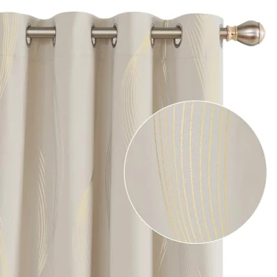 Abbildung von Deconovo Set mit 2 Vorhängen, goldfarben, Verdunkelungslinie, Thermo, Kälteschutz, 117 x 138 cm, Ösenvorhang, modernes Design, für Schlafzimmer, Haus, Wohnzimmer, Dunkelbeige