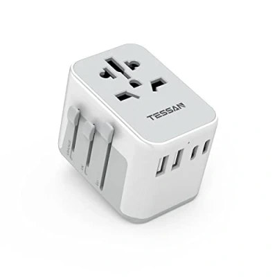 Abbildung von TESSAN Reiseadapter Weltweit, Reisestecker Adapter Weltweit mit 2 USB A und C, Universal Travel für Deutschland USA England Australien Japan, Internationaler Stecker Adapter, Grau Weiß