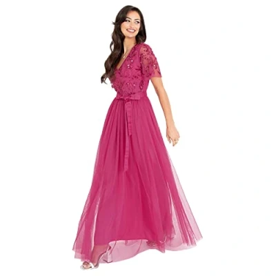 Abbildung von Maya Deluxe Damen Womens Maxi Dress Ladies Ball Gown for Wedding Guest Embellished Tie Waist V Neck Bridesmaid Prom Evening Occasion Kleid, Fuchsia,