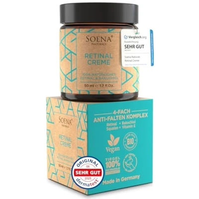 Abbildung von BIO Retinol Creme Hochdosiert + Power Wirkstoffe Hyaluron, Bakuchiol, Vitamin C,E Retinal Gesicht von Soena Feuchtigkeitscreme Gegen Falten, Akne und vergrößerten Poren