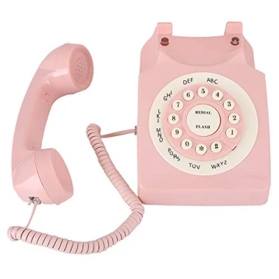 Abbildung von Vintage Telefon, Große und Klare Tasten, Retro Festnetztelefon, Rosa, Klassisches Telefon mit Rufton EIN/Aus Schalter, Kabelgebundenes Festnetztelefon für Home Office