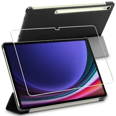 Abbildung von ebestStar Hülle für Samsung Galaxy Tab S9 5G, Slim Smart Cover (Ultra Dünn), Schutzhülle Etui, Ständer Case Cover, Schwarz + Panzer Schutz Glas