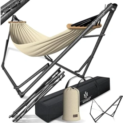 Abbildung von KESSER® Hängematte Vill Mit Gestell Metall Faltbar verstellbar Stabiler Rahmen Indoor &amp; Outdoor Tragetasche + Beutel Hängesessel Hängemattengestell Camping Garten Pool Balkon Terrasse, Beige