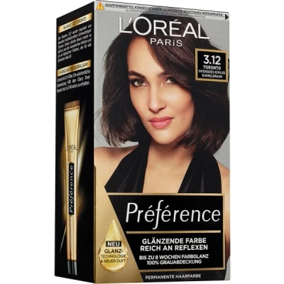 Abbildung von L&#039;Oréal Paris Permanente Haarfarbe, Haarfärbeset mit Coloration und Farbglanz Pflegebalsam, Préférence, 3.12 Intensives Kühles Dunkelbraun (Toronto), 3er Set