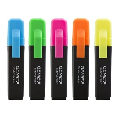 Abbildung von Genie 40022 Textmarker je 1 x Neon gelb; orange; Pink; Blau; Grün; mit Keilspitze; 5 er Pack Strichbreite ca. mm; einzeln Entnehmbar