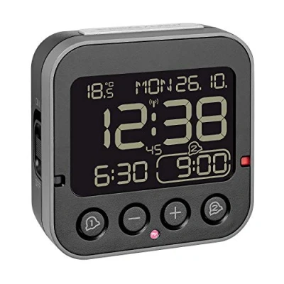 Abbildung von TFA Dostmann 60.2552.01 Bingo 2.0 digitaler Funk Wecker mit Temperaturanzeige und Negativ Display (Schwarz Negativdisplay Batterien)